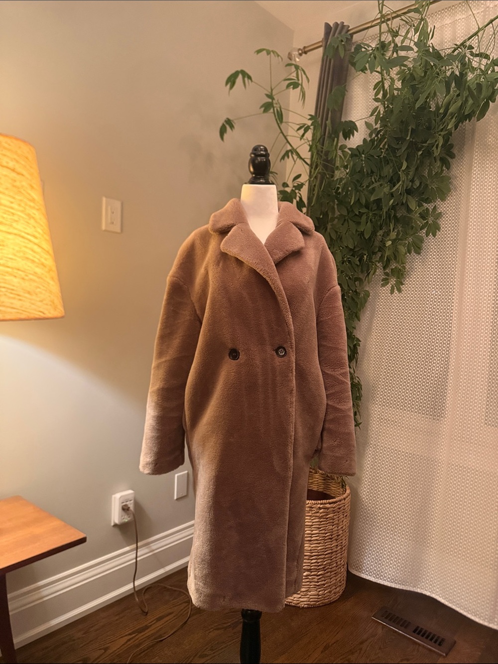 Zara Double-Breasted Teddy Coat in Taupe